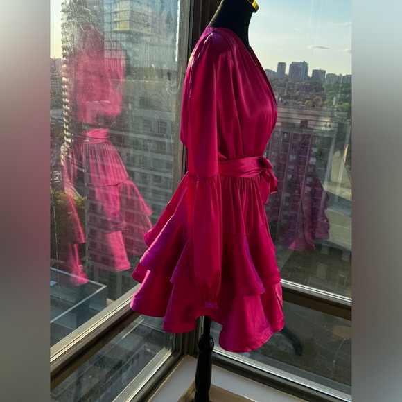 🆕 BRONX & BANCO 🧿 NWOT Bedouin V-Neck Ruffle Mini Dress, Pink Silk - Size L - Picture 7 of 15